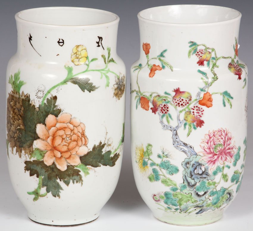 PAIR OF EARLY CHINESE PORCELAIN VASES: with stamp mark on bottom Height- 9" Condition: hairline cracks