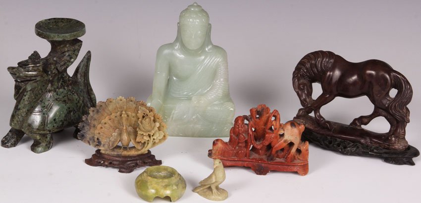 LOT OF (7) CARVED ASIAN SOAPSTONE: figures, stand