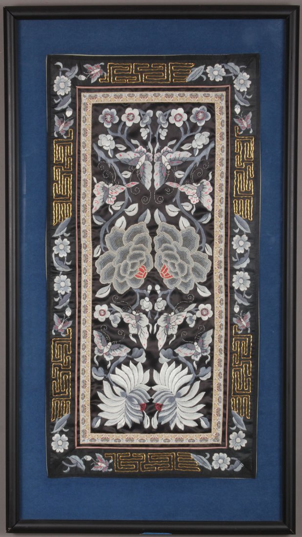 CHINESE SILK EMBROIDERED TAPESTRY: Framed Sight- 13' x 26", Overall- 17 3/4" x 32 1/2"