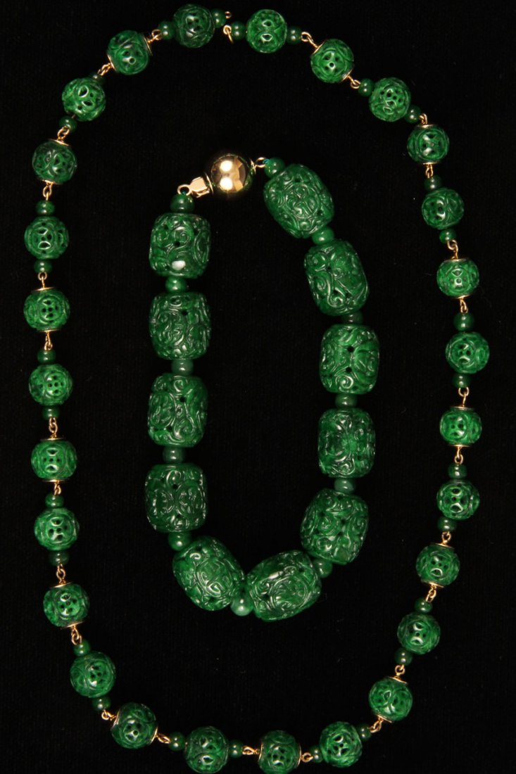 LOT OF (2) CHINESE CARVED JEWELRY: Necklace and Bracelet, 14kt