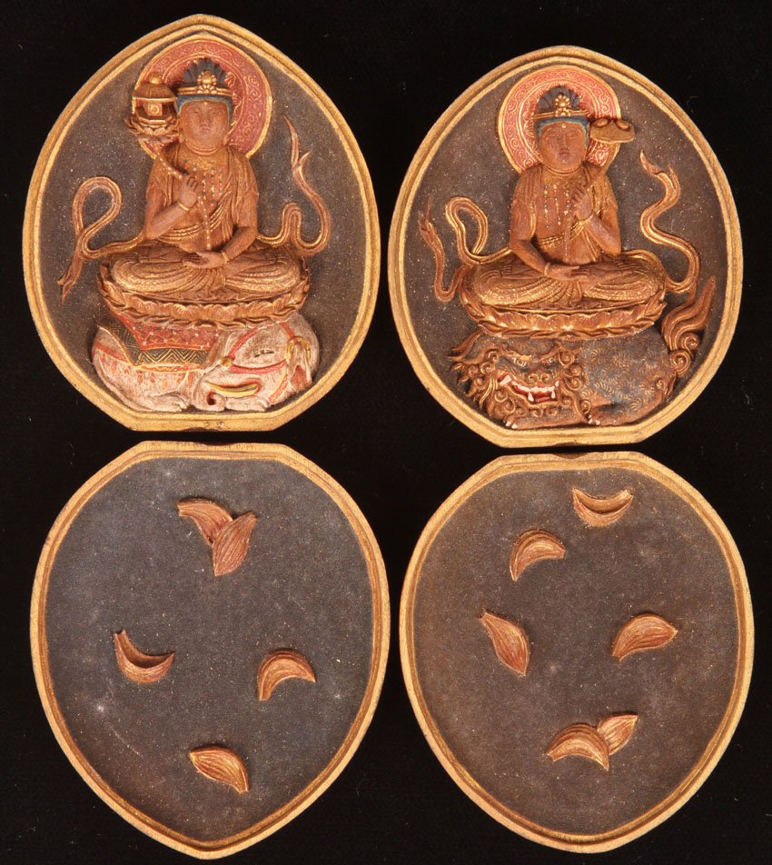 PAIR OF CHINESE GOLD LAQUERED BOXES: Quan Yin carvings Length- 2 1/2"