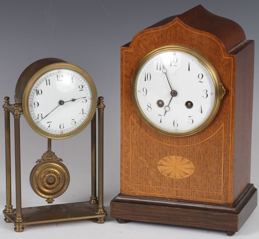 LOT OF (2) FRENCH CLOCKS: Brass column clock, Oak inlaid mantle clock Height- 8 3/4" , 11"