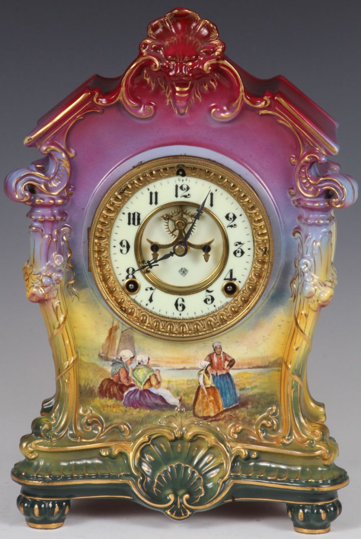 ANSONIA EIGHT DAY CLOCK WITH BONN PORCELAIN CASE: Height- 13 13/4"