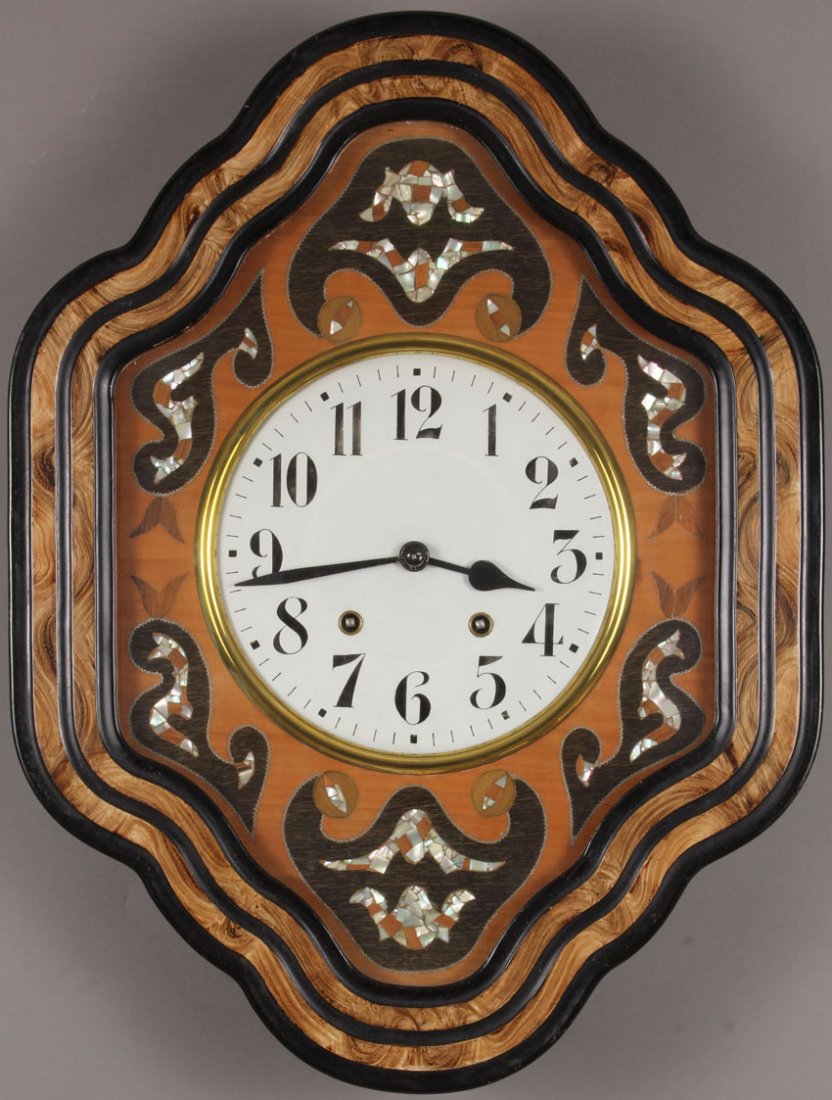 FRENCH INLAID BAKER'S CLOCK: Eight day movement Length- 24 3/4"