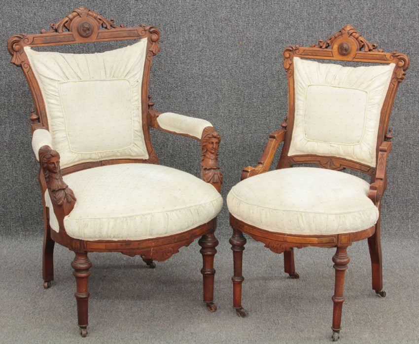 PAIR OF VICTORIAN WALNUT PARLOR CHAIRS: J. Jeliff maker Height- 38 1/2", 40 1/2"