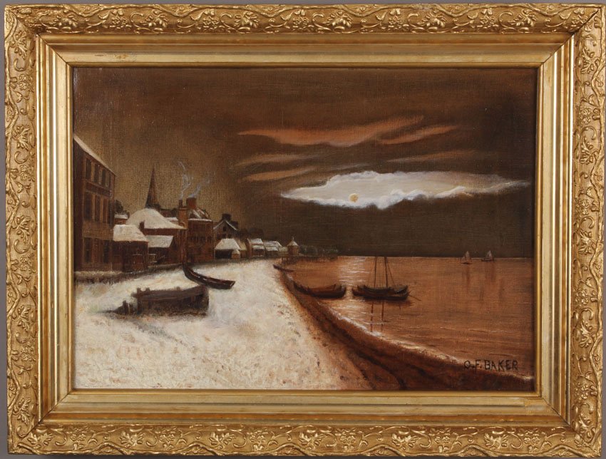 O.F.BAKER, OIL ON CANVAS OF HARBOR: Sight- 13 1/2" x 19 1/2"