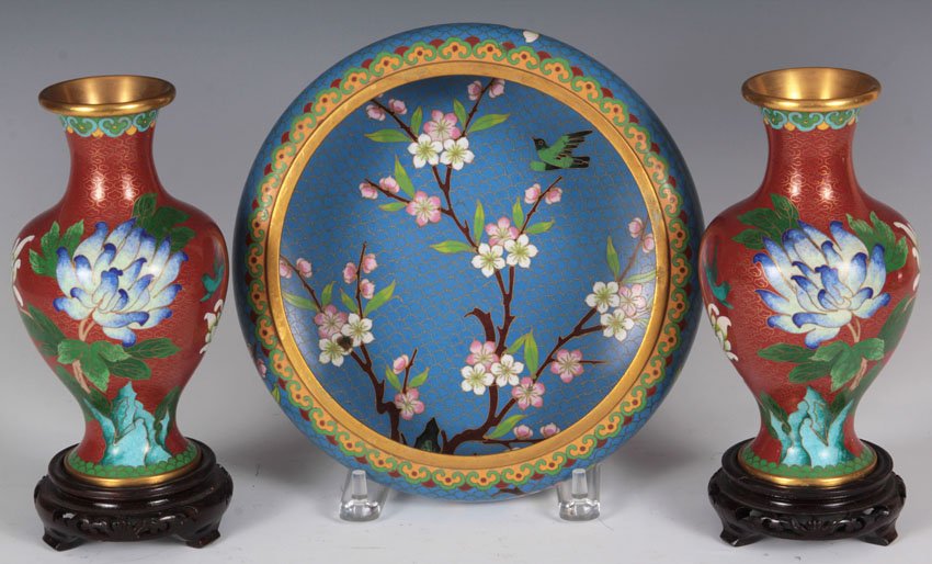 LOT OF (3) CHINESE CLOISONNE- BOWL, VASES: Height of vases with stands- 8 3/4" Diameter of bowl- 9 1/2"