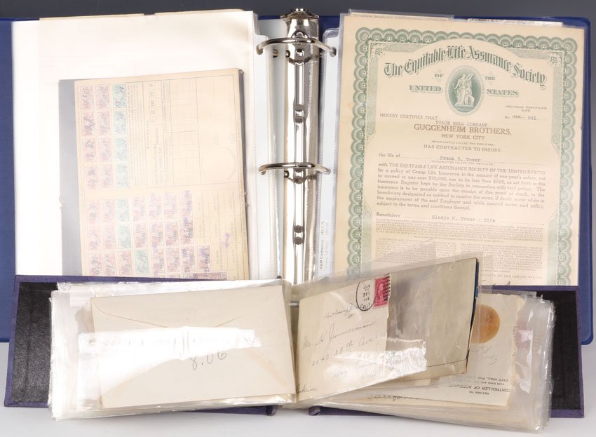 PHILATELIC AND MISC. PAPER: Over 150 items, (2) albums