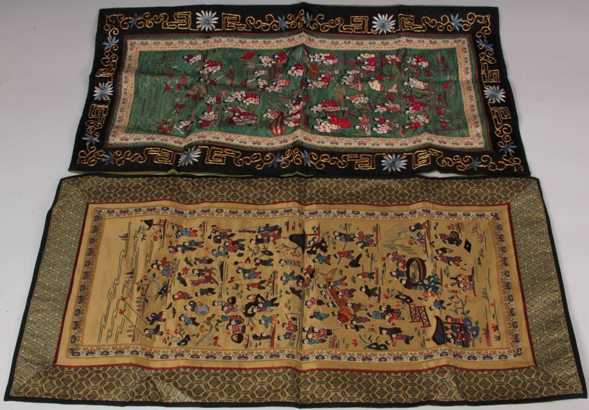 LOT OF (2) CHINESE EMBROIDERED SILK PANELS: Overall- 13 1/4" x 24 1/4", 13 1/2" x 25 3/4"