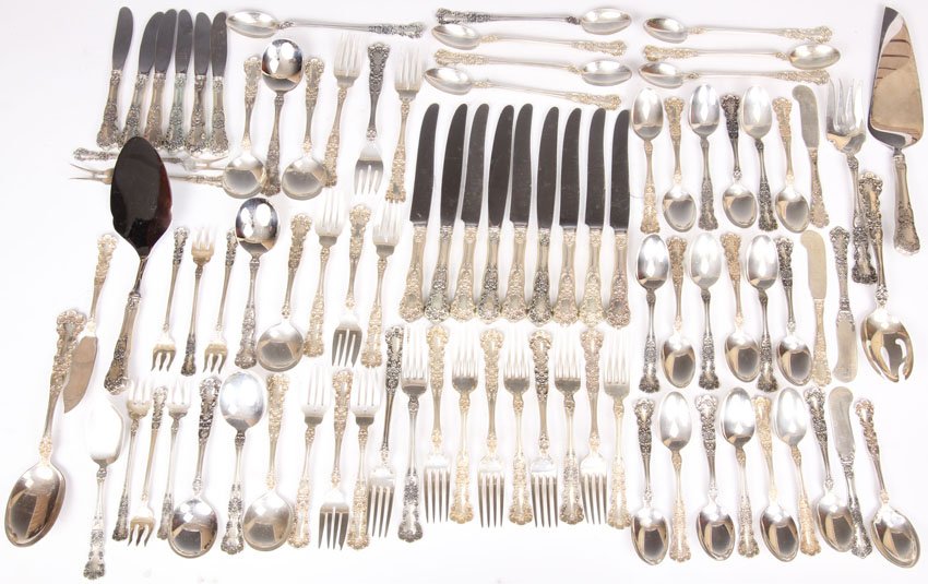 STERLING SILVER FLATWARE SET: Total pcs- 89 Weight- 77 troy oz Plus (17) weighted pcs.