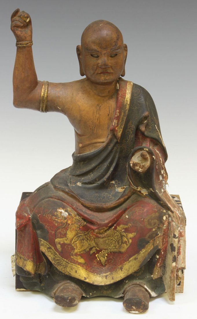 CHINESE CARVED WOOD BUDDHA: with case Height of buddha- 11" Condition: loss to paint, cracks, separations