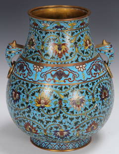 EARLY CHINESE BLUE CLOISONNE: TWO HANDLED URN Height- 13"