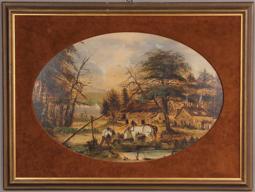 19TH CENTURY FOLK ART OIL ON CANVAS: Sight- 17 3/4" x 26 1/2" (Oval)