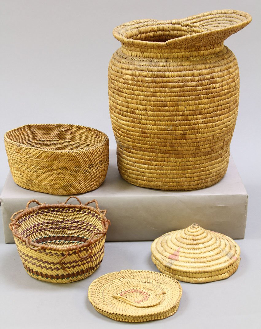 LOT OF (5) WOVEN BASKETS: Alaskan top, pitcher, Makaw Tony Corona Collection Width- 5 3/4"- 7 3/4" Condition: some breaks to rims