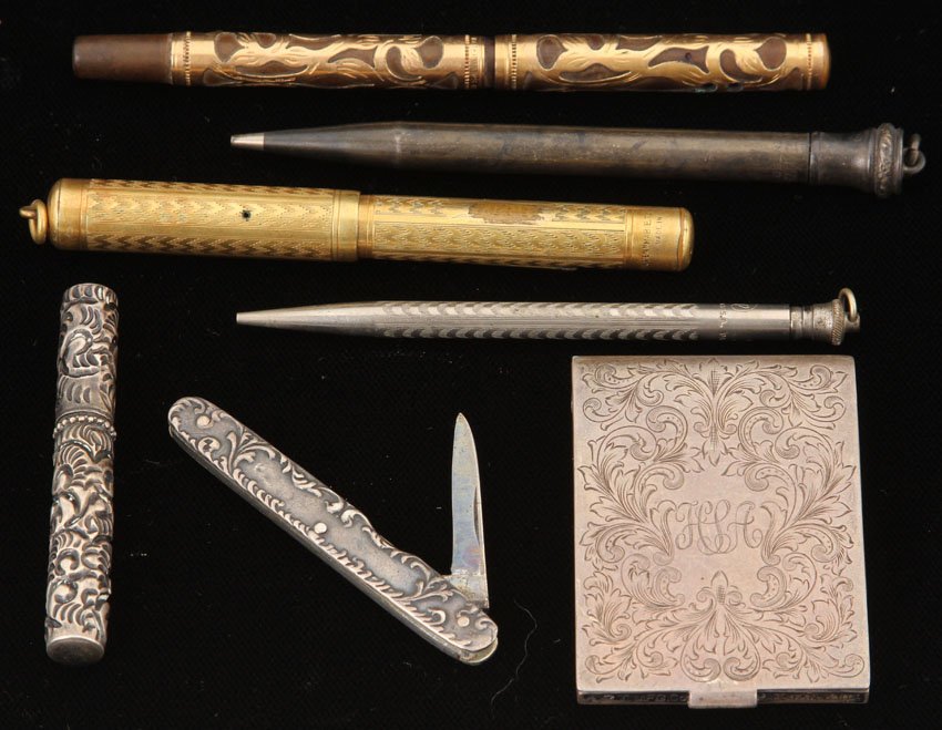 LOT OF (7) - WRITING PENS, COMPACT, AND KNIFE: Vintage Waterman pen, sterling compact