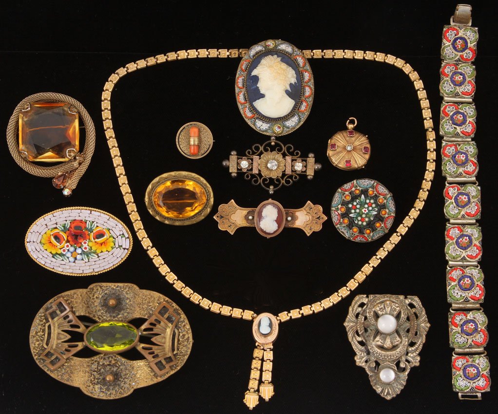 LOT OF (13) PCS. OF VICTORIAN JEWELRY: Micro Mosaic, Cameo necklaces and pins