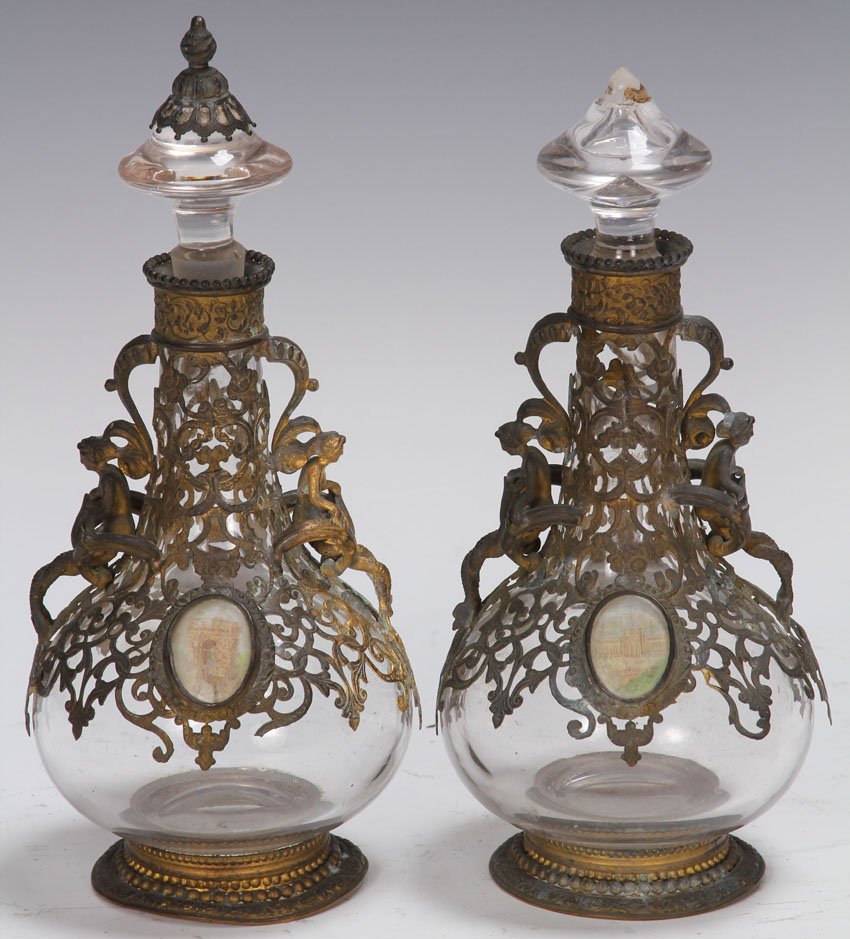 PAIR OF FRENCH 19TH CENTURY PERFUME BOTTLES: with painted plaques Height- 8" Condition- loss to metal, damage to glass bottles