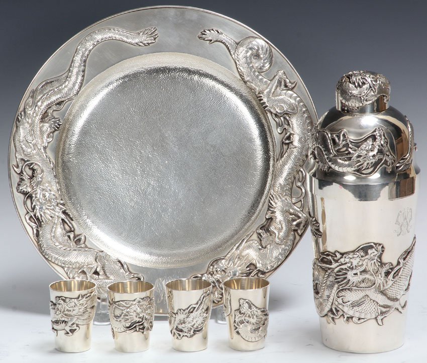 KONOIKE JAPANESE STERLING SILVER MARTINI SET: Diameter of plate- 10 3/4" Height of shaker- 8 3/4" Weight- 43.5 troy oz note- monogrammed