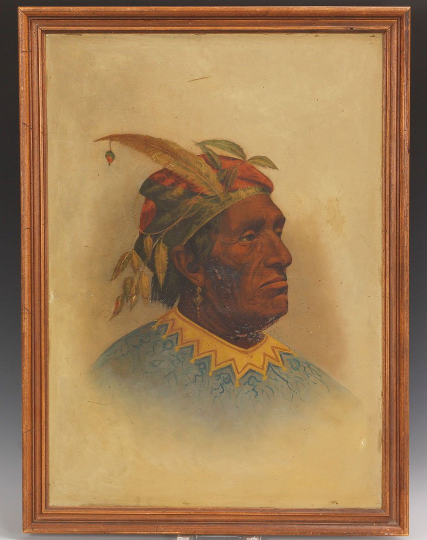 19TH CENTURY OIL ON BOARD: Native American portrait Sight- 19 1/4" x 27 1/2" Overall- 22 1/2" x 30 1/2"