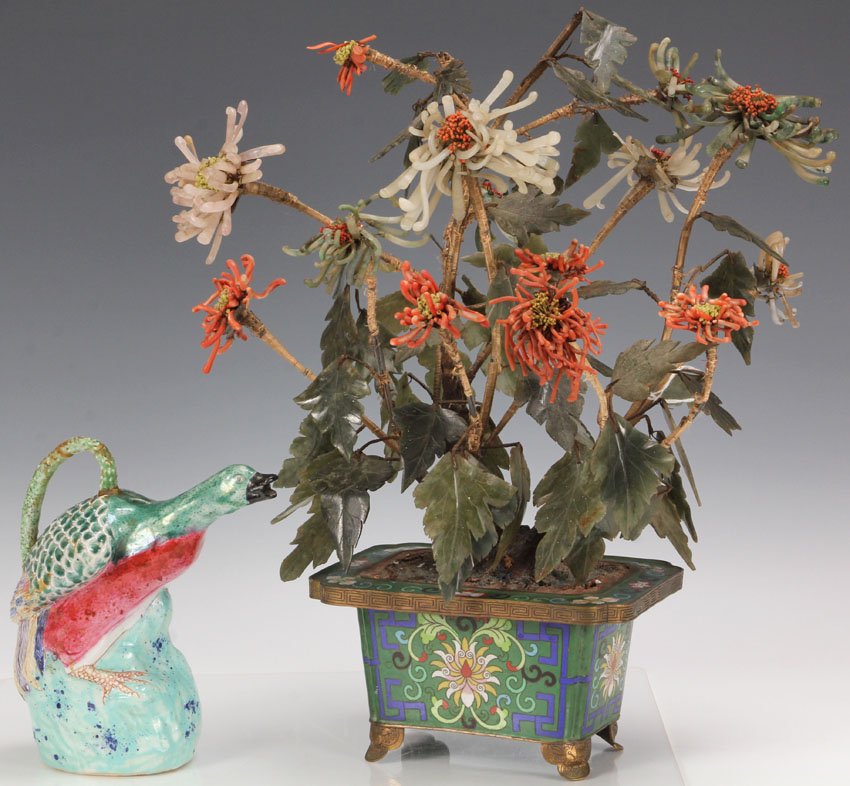 LOT OF (2) VINTAGE CHINESE DECORATIVE ITEMS: Cloisonne stand with jade tree & teapot Height- 7 1/4", 16 3/4" Condition: repair to handle, some leaves missing