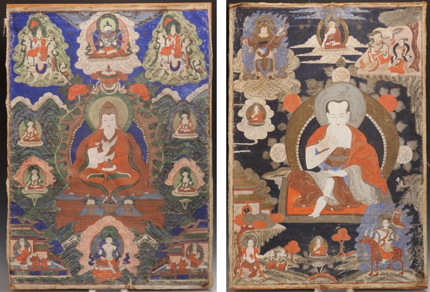 LOT OF (2) EARLY TIBETAN PAINTINGS: Overall- 25" x 36" note - tacked down to board