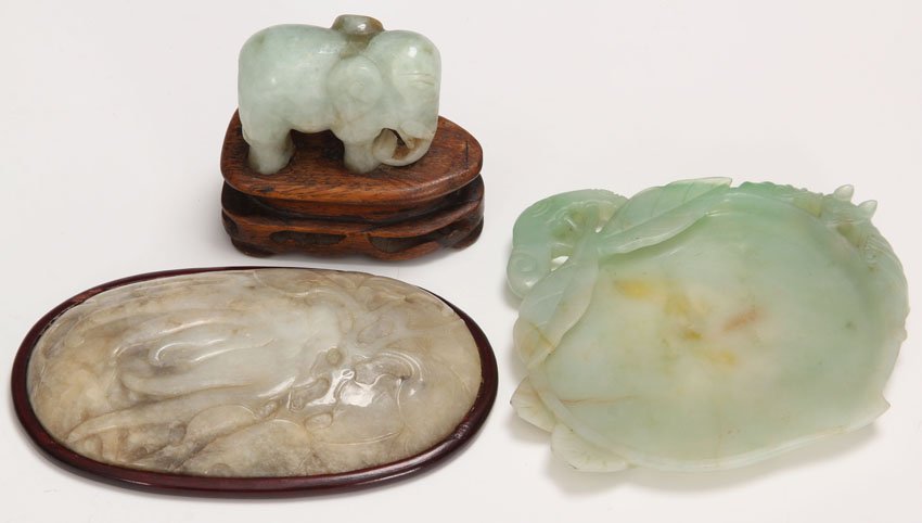 LOT OF (3) EARLY CHINESE JADE CARVINGS: Elephant, tray, carved fruit Length- 2"- 4 1/4"