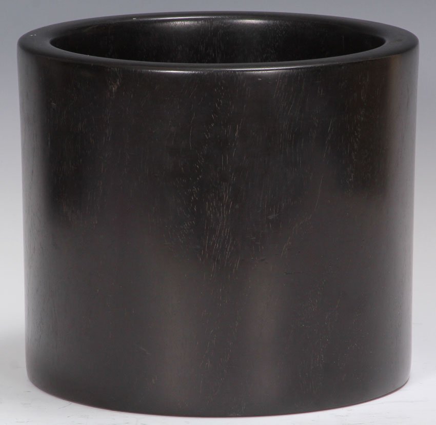 EARLY CHINESE CARVED WOOD BRUSH POT: Height- 7 3/4", diameter- 9"
