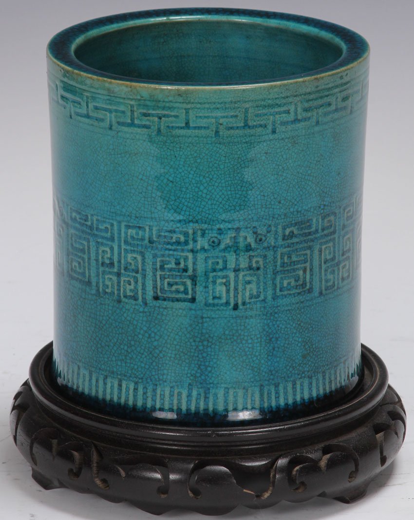 CHINESE FLAMBE POTTERY BRUSH POT: with stand Height of brush pot- 5 1/4", diameter- 4 3/4"