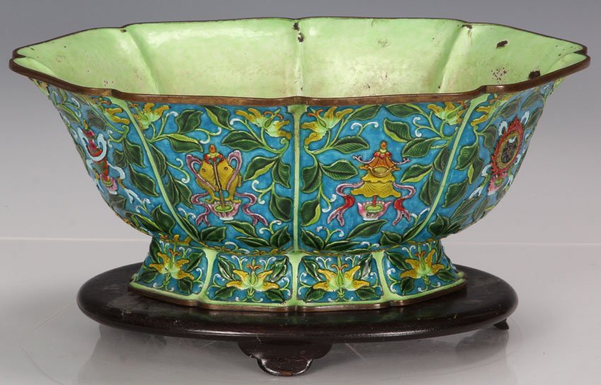 EARLY CHINESE ENAMELED METAL BOWL: with stand Length- 12 1/4"