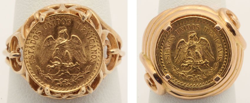 LOT OF (2) MEXICAN GOLD COINS: set in 14KT, 18KT Weight- 18.9 grams
