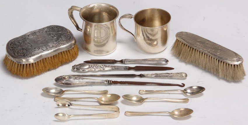 LOT (14) STERLING SILVER ARTICLES: cups, flatware, brushes total- 8 troy oz.