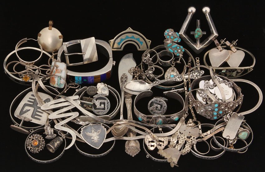 LARGE ASSORTMENT OF STERLING & .800 SILVER: bracelets, pins, spoon, cuff links Weight- 19 troy oz.