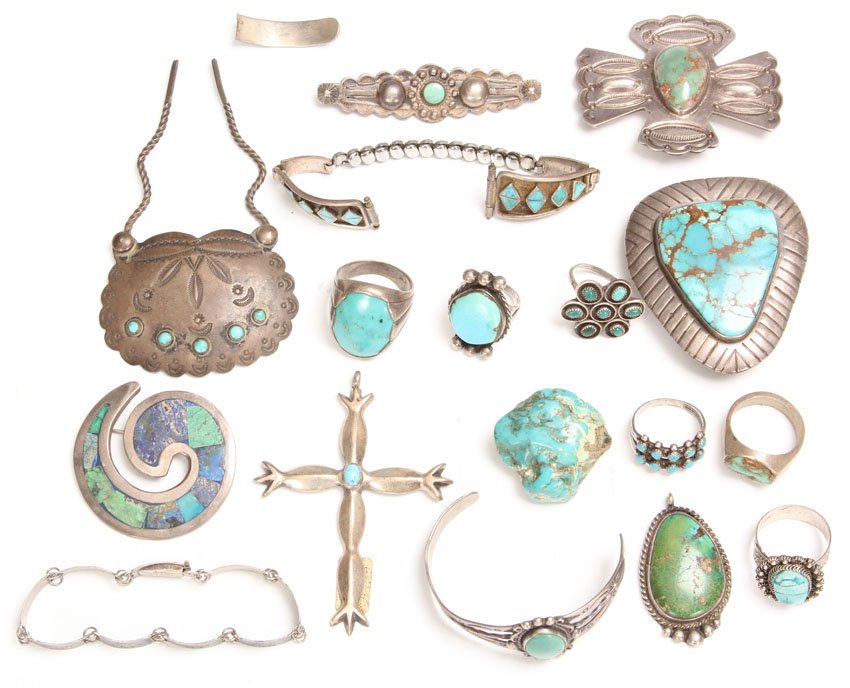 LOT OF (17) NATIVE AMERICAN JEWELRY: Silver and turquoise Weight- 247 grams