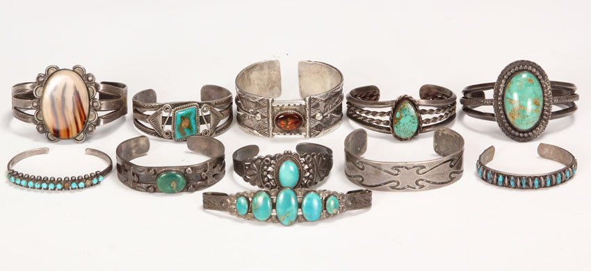LOT OF (11) NATIVE AMERICAN SILVER BRACELETS: most with turquoise Weight- 380 grams