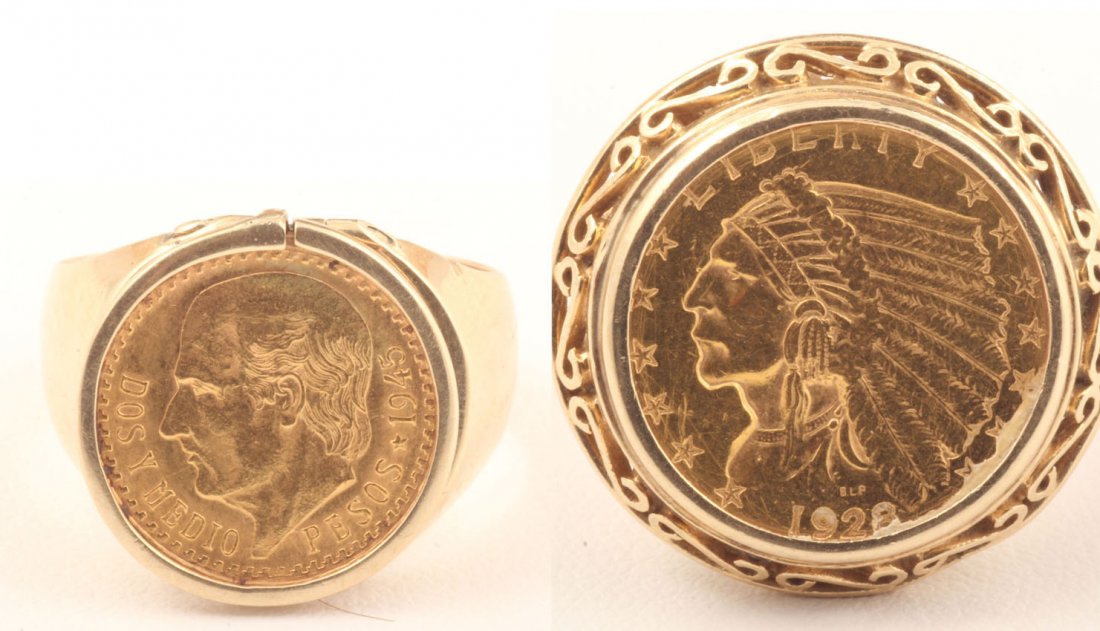 LOT OF (2) GOLD COIN RINGS, 14KT: 1928 Indian, 1945 Mexican Weight- 21.5 grams