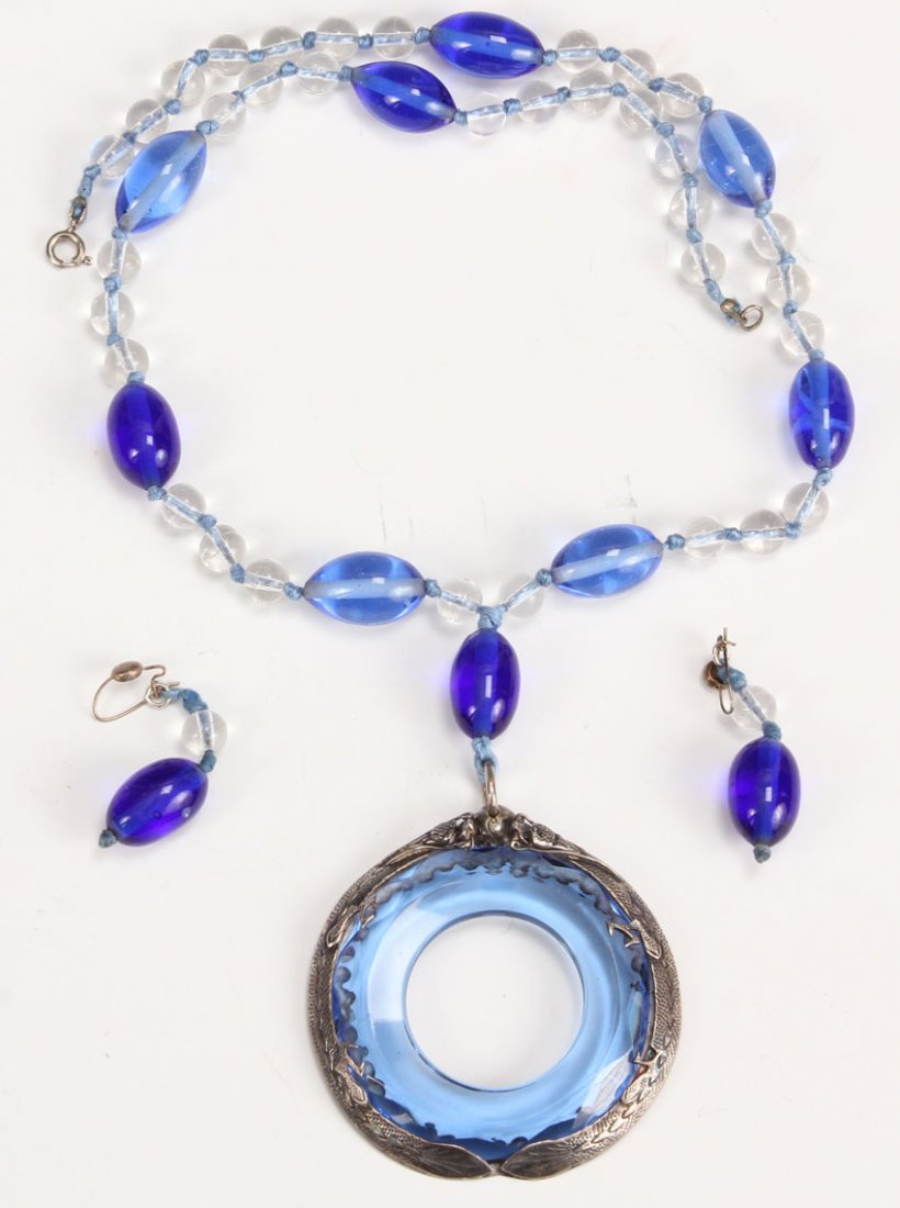 ART DECO CHINESE SILVER AND PEKING GLASS NECKLACE: ...