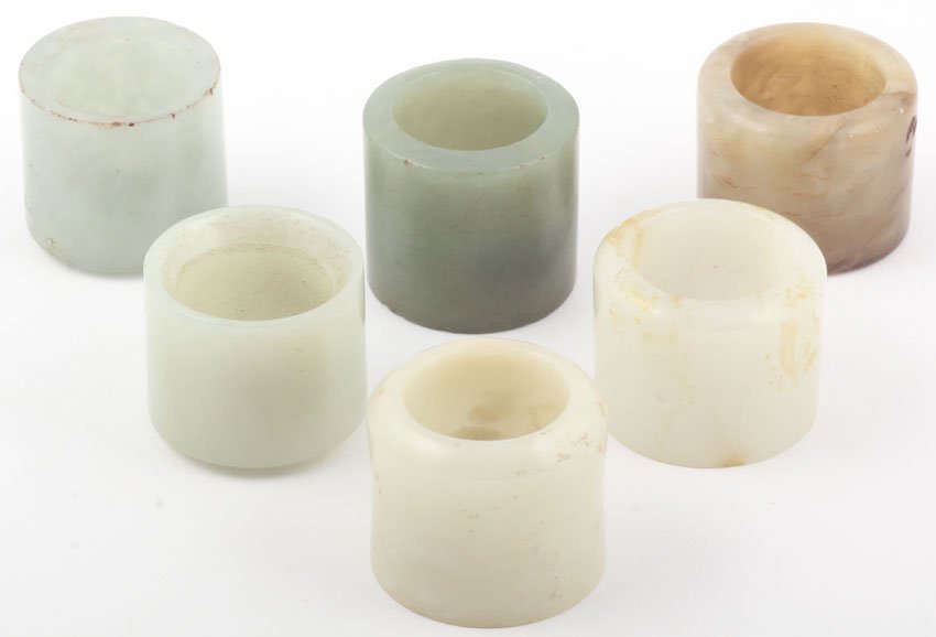LOT OF (6) CHINESE CARVED JADE ARCHER RINGS: Qing Dynasty Diameter- 1"- 1 1/4"