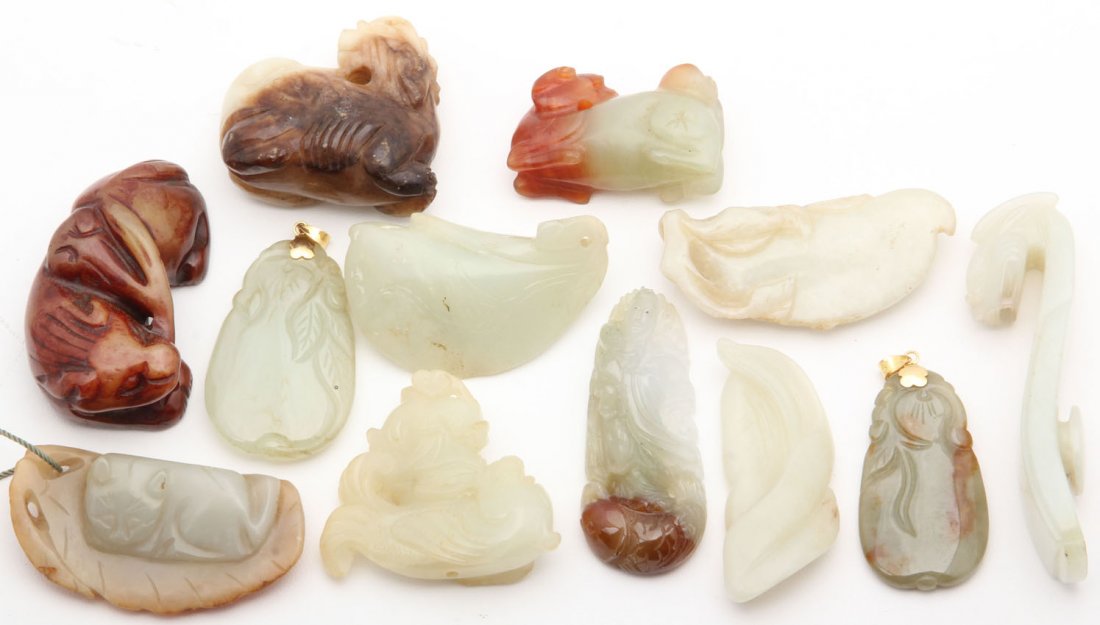 LOT OF (12) VINTAGE CHINESE CARVED JADE ITEMS: Pendants, figures Length- 1 1/4"- 3"