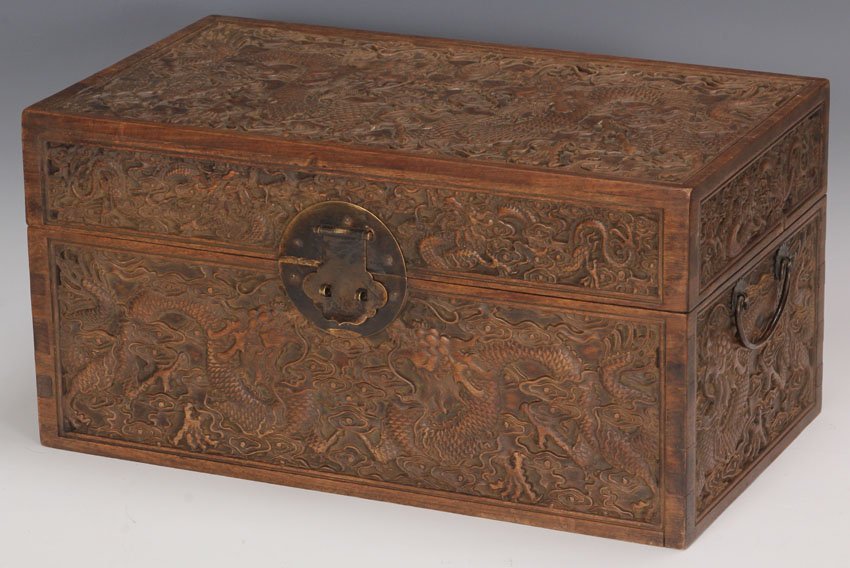 CHINESE CARVED WOOD BOX WITH DRAGONS: Height- 9 3/4", length- 18"