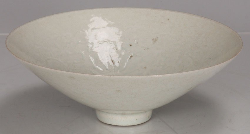 CHINESE CELADON POTTERY LOW BOWL: with flower carvings Diameter- 6 3/4"