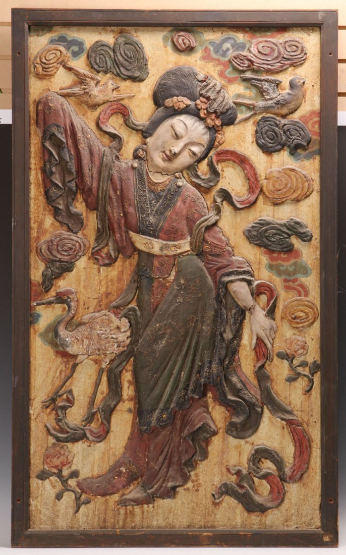 LATE 19TH CENTURY CHINESE CARVED PANEL: San Francisco tea house Overall- 29 1/2" x 48 1/2"