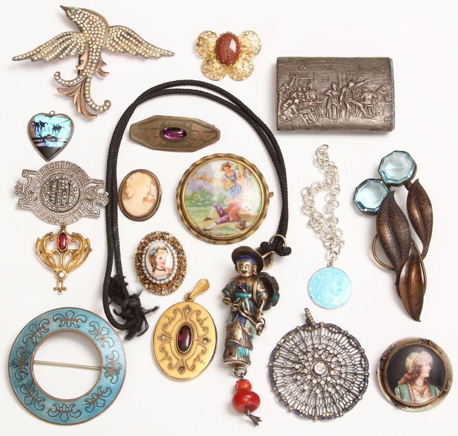 LOT OF (16) PCS. OF JEWELRY: Sterling silver compact, Chinese Pendant, porcelain pins, enameled pins