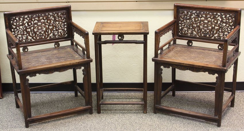 LOT OF (3) CHINESE CARVED CHAIRS AND END TABLE: Height of chair- 34 1/4" Height of end table- 28 1/2"