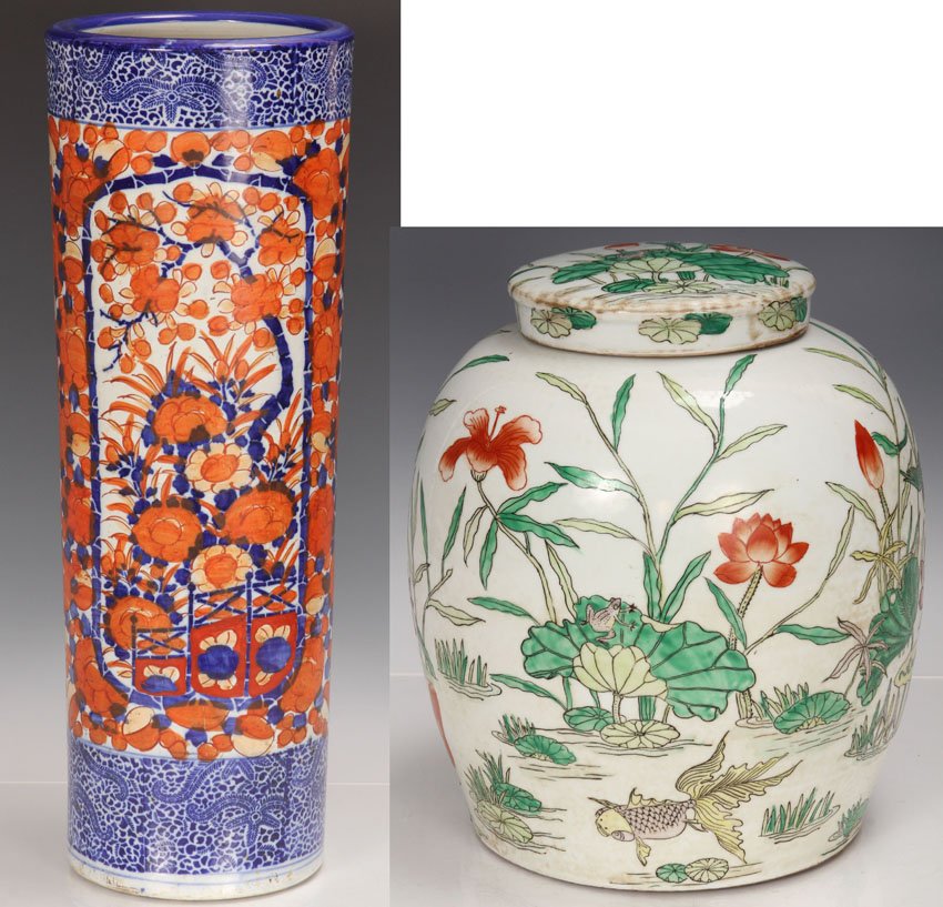 LOT OF (2) ASIAN DECORATIVE POTTERY ITEMS: Japanese umbrella stand- 23 1/2" Chinese ginger jar with stand- 12" Condition: hairline crack inside umbrella stand