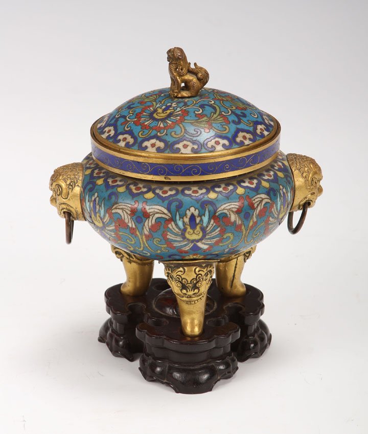 EARLY CHINESE CLOISONNE INCENSE BURNER WITH STAND: late 18th century Overall height- 4 1/4"