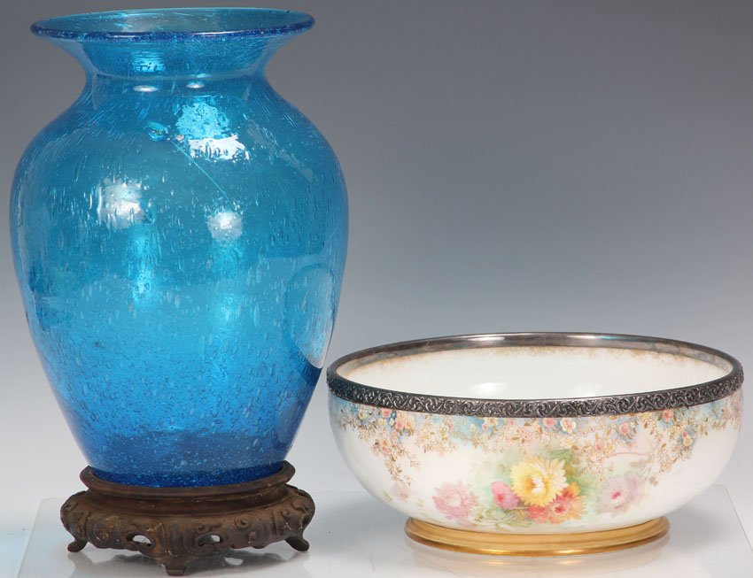 LOT OF (2) DECORATIVE ITEMS: Blue glass vase and Royal Dalton Bowl Height- 3 3/4"- 10"