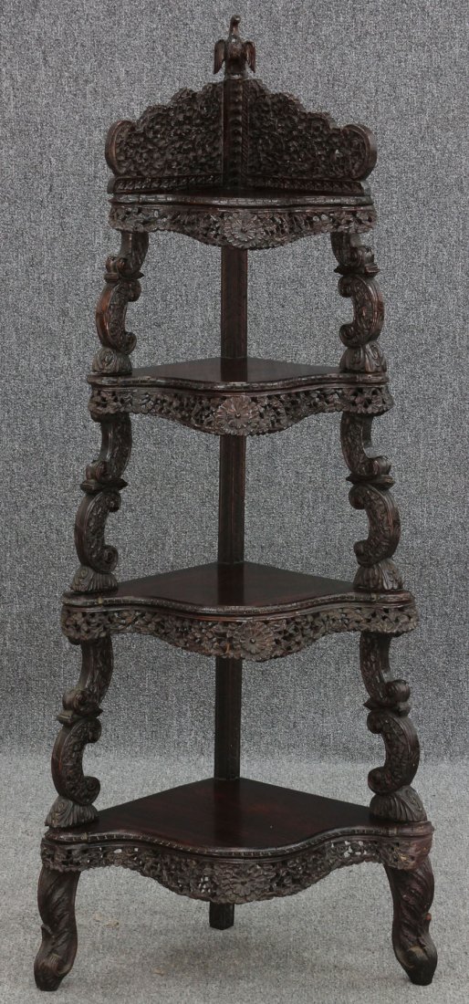INDO-CHINA CARVED CORNER STAND: Late 19th century Height- 59 3/4"