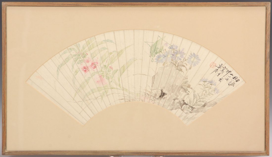 SET OF (4) CHINESE WATERCOLORS OF FANS: Overall framed- 13 1/2" x 23 1/2"