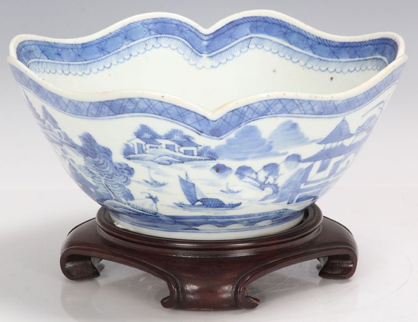 CHINESE EXPORT BLUE AND WHITE BOWL WITH STAND: Diameter- 9 3/4" Note- Stand is not original to bowl