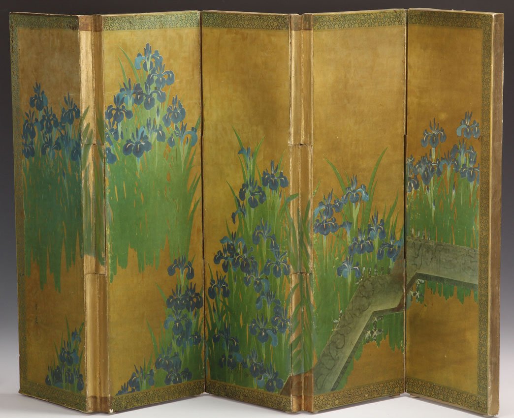 EARLY (5) PANEL JAPANESE PRINTED SCREEN: Each panel- 9 3/4" x 28 3/4"